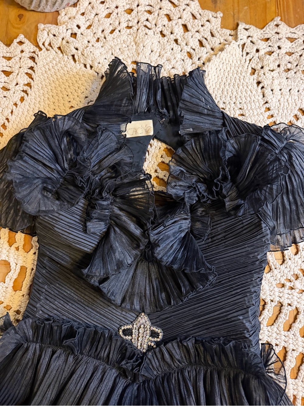 Rare Vtg 80s Caché Conelli New York dress 8 Black Ruffle Rhinestone - Picture 10 of 16